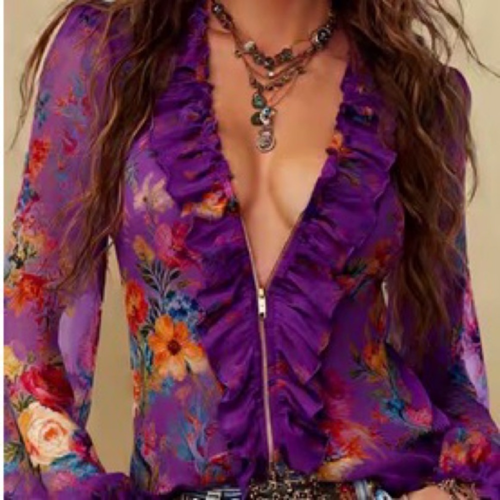 Purple Floral Ruffled Zip-Front Women's Top